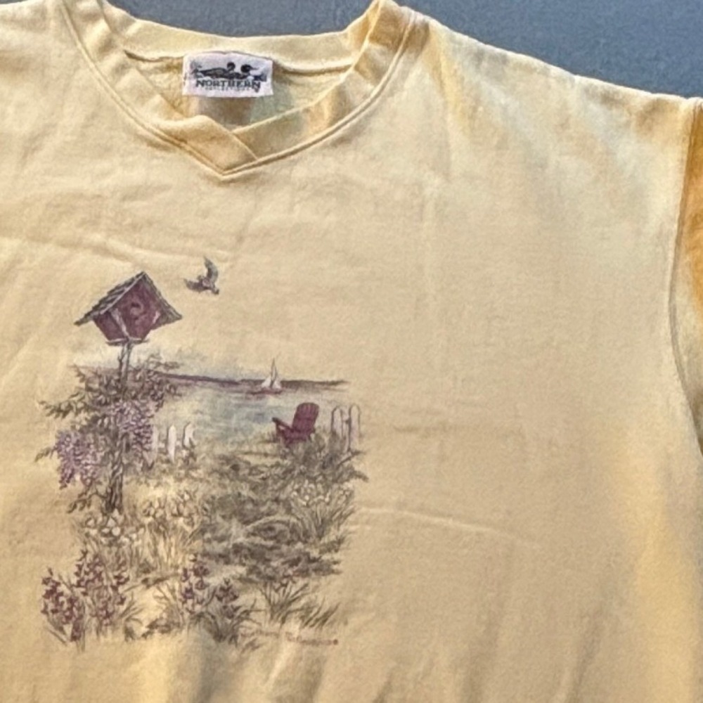 VTG Northern Reflections Sweatshirt Womens M  Yellow Beach Scene Graphic 90s